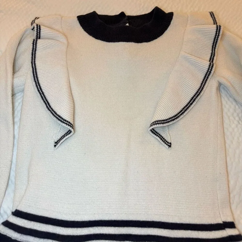 Hope & Henry | Ivory Navy Knit Dress | Ruffle Trim and Mock Neck | Girls 5
